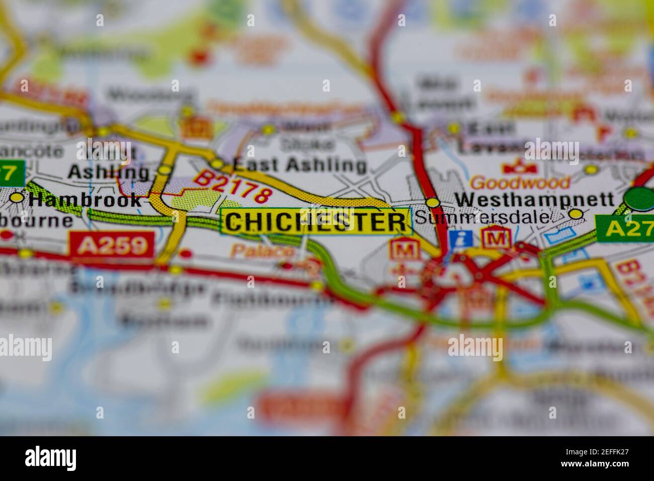 Chichester mostrato su una mappa utilizzando la messa a fuoco selettiva Foto Stock