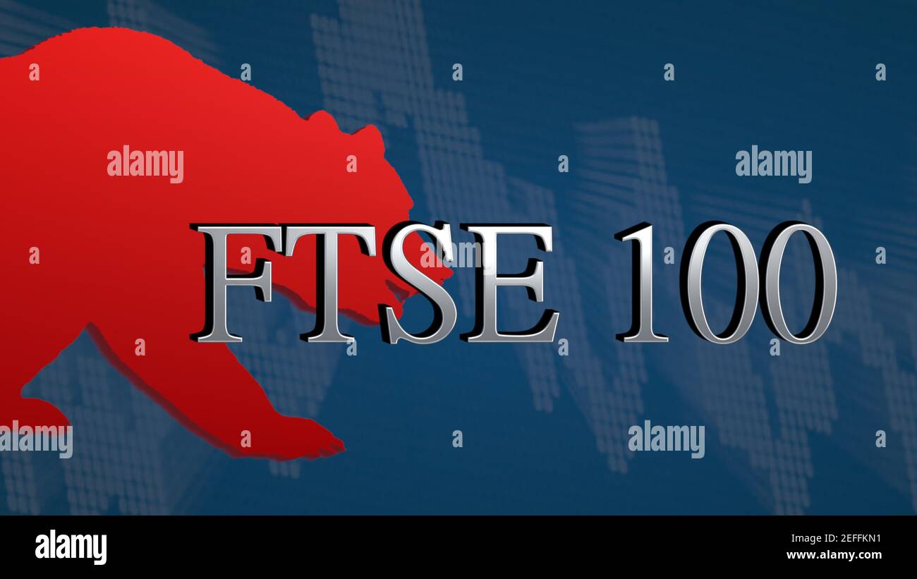 L'indice azionario britannico FTSE 100 è ribassista. L'orso rosso e un grafico discendente con uno sfondo blu dietro il titolo d'argento simbolizza... Foto Stock