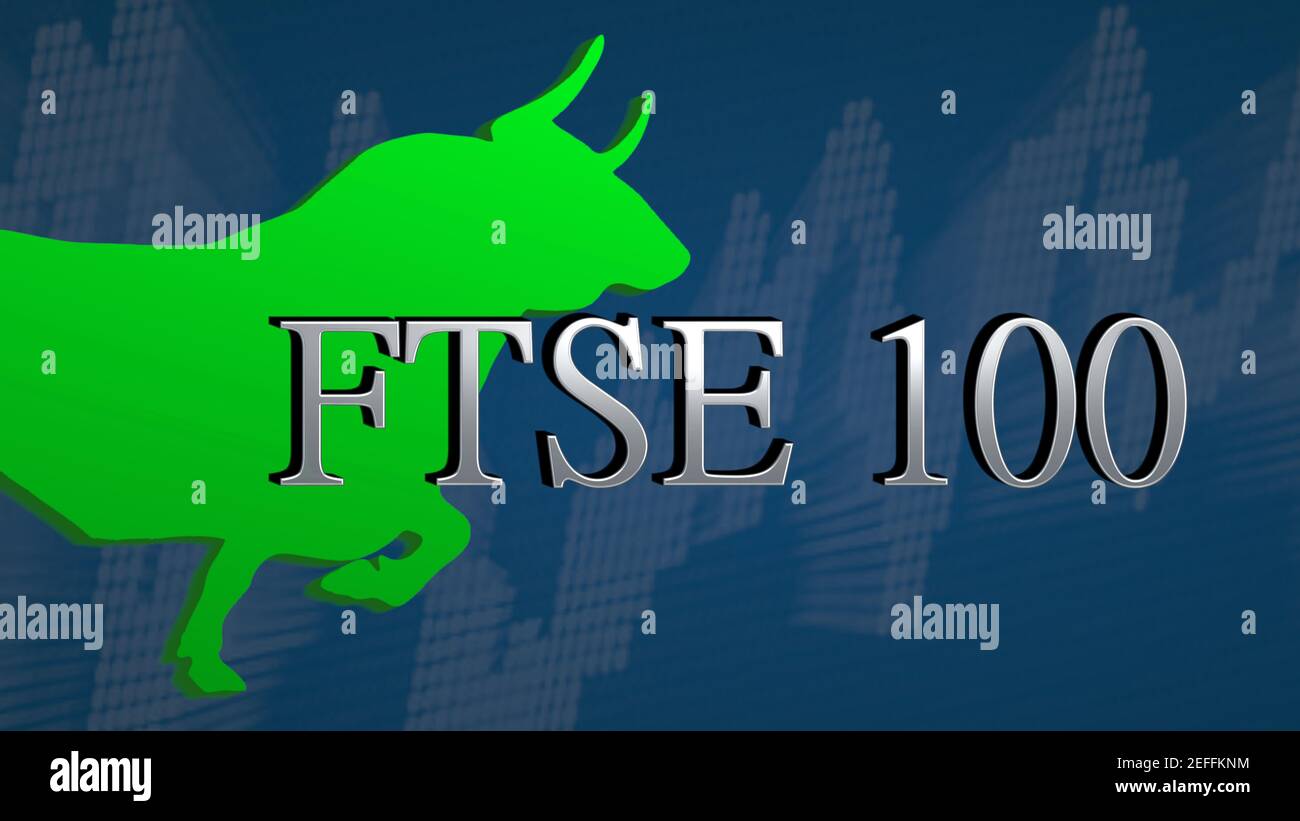 L'indice azionario britannico FTSE 100 è rialzista. Il toro verde e un grafico ascendente con uno sfondo blu dietro il titolo argento simbolizza... Foto Stock