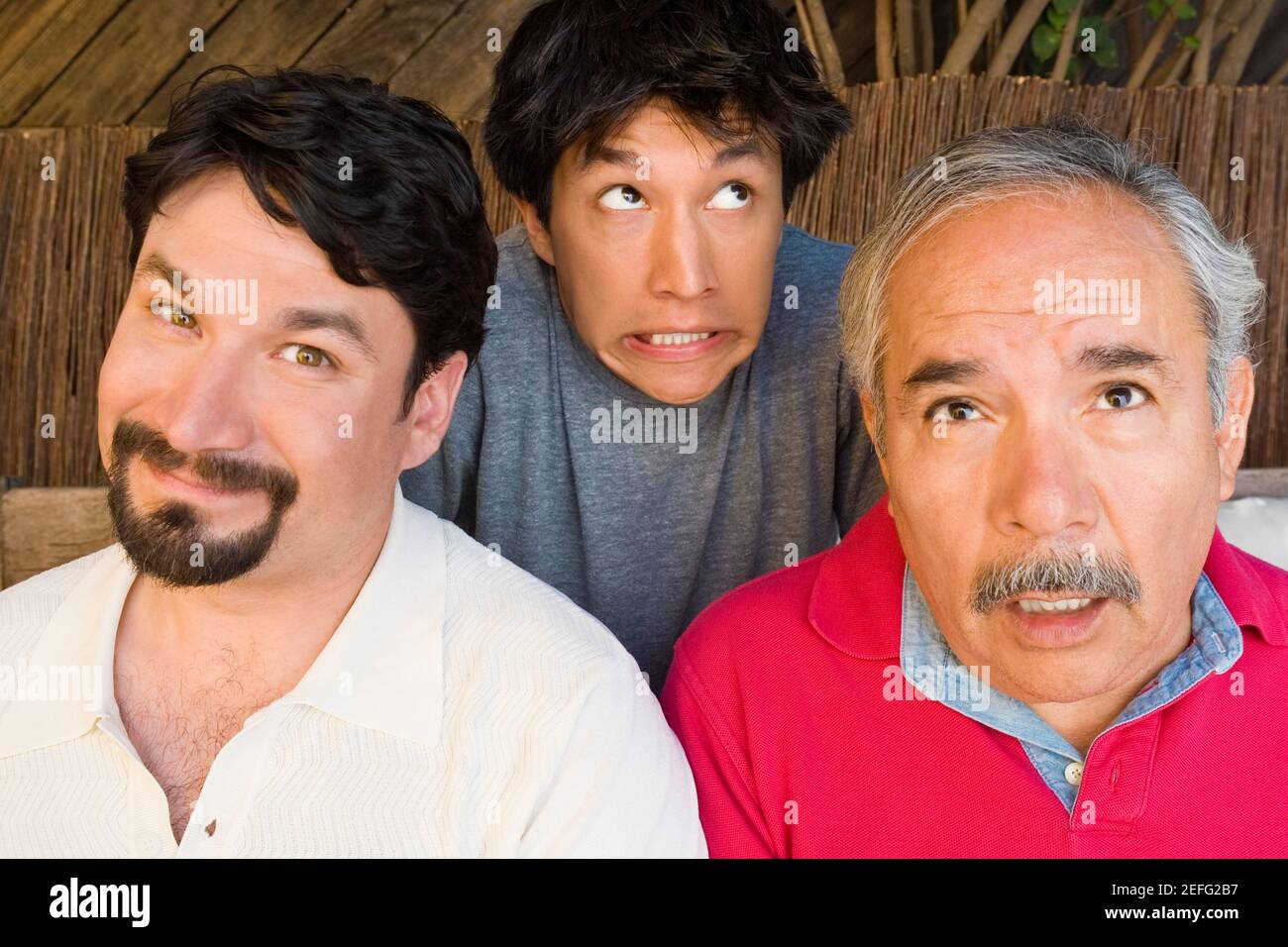 Ritratto di una metà uomo adulto smirking con suo padre e figlio rendendo le loro facce Foto Stock