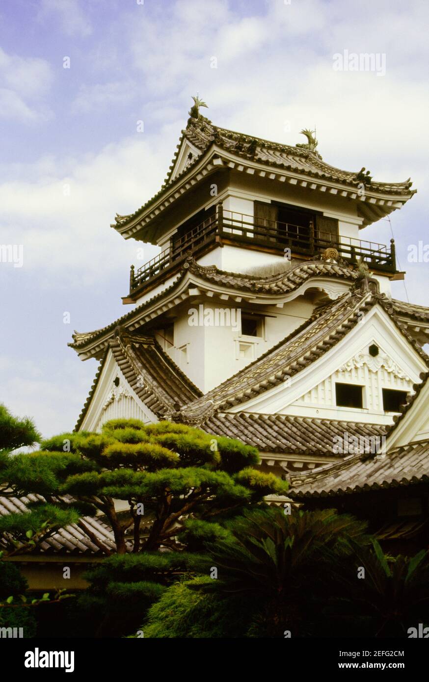 Vista ad angolo basso di un castello, Castello di Kochi, Shikoku, Giappone Foto Stock