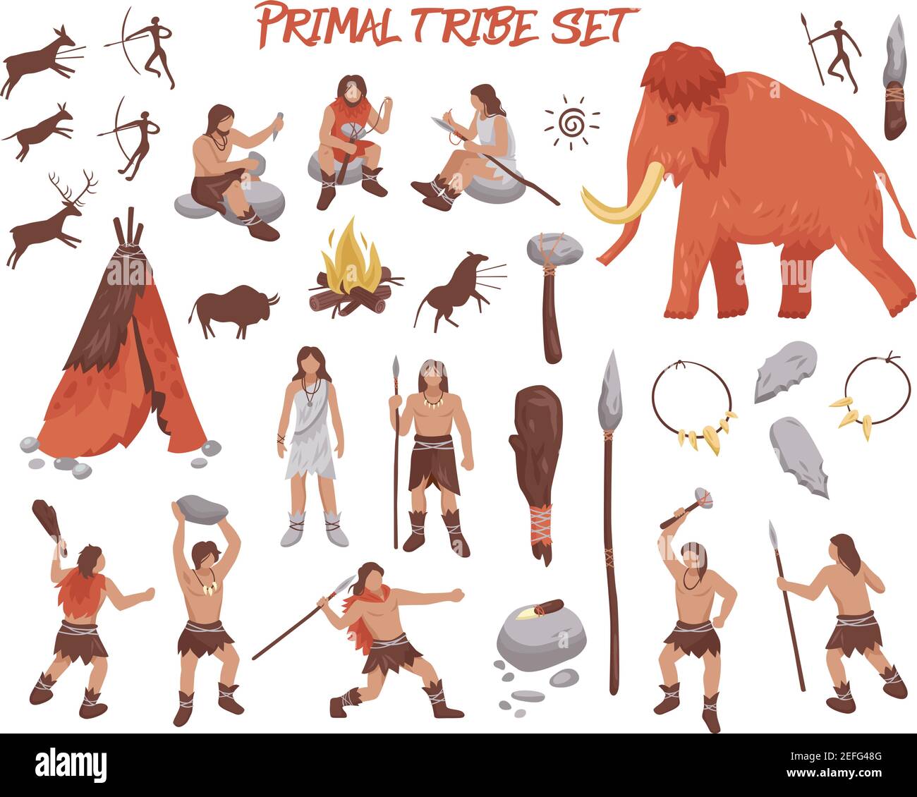 Le icone delle persone delle tribù primali sono impostate con armi e animali piatti illustrazione vettoriale isolata Illustrazione Vettoriale