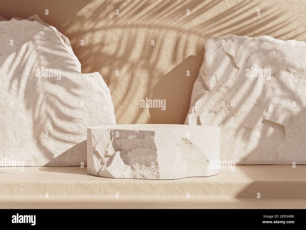 Scena minima di podio in pietra con spazio copia per il posizionamento di prodotti cosmetici moda. Ombrellone con palma naturale sulla parete. Illustrazione del rendering 3D. Foto Stock