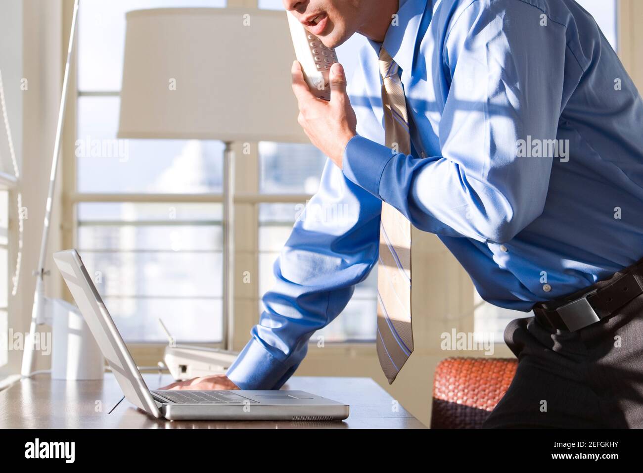 Profilo laterale di un uomo d'affari che parla con un telefono cordless Foto Stock