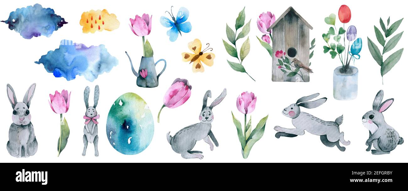 set di tema primavera. Primavera natura, alberi, fiori, uccelli amore, farfalle, Birdhouse, tempo nube sole tulipani lepri Pasqua Foto Stock