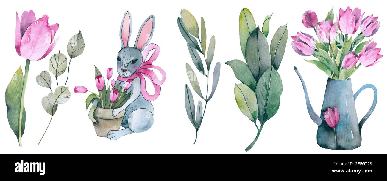 Set floreale di Pasqua. Collezione floreale colorata con foglie e fiori, simpatico bunny disegno acquerello. Design per la primavera o l'estate su invito, w Foto Stock