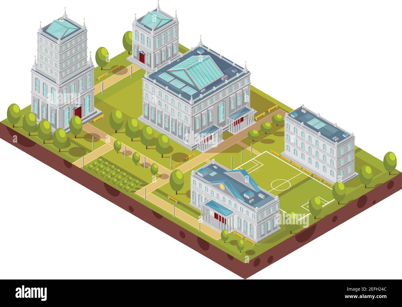 Complesso di edifici universitari con campo da calcio, alberi verdi, panchine e passerelle visualizzazione vettoriale a layout isometrico Illustrazione Vettoriale