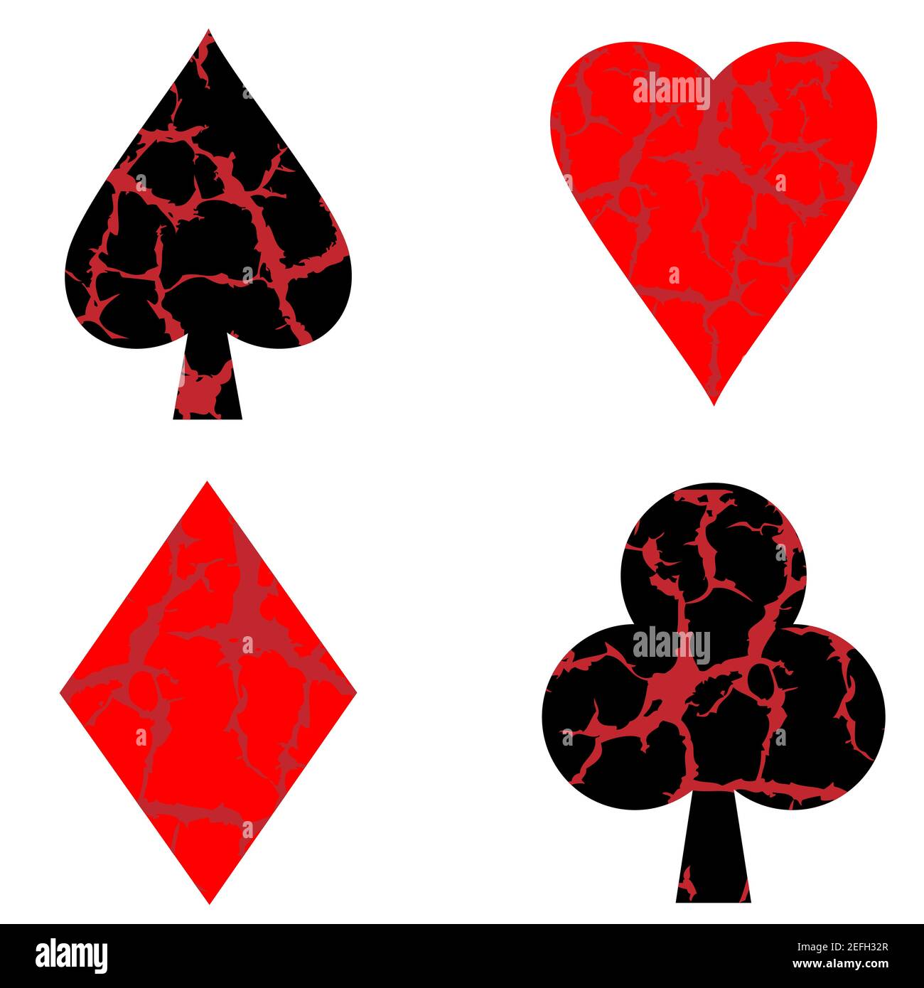 Set di quattro simboli vettoriali di tuta da gioco fatti da elementi grunge. Isolato su sfondo bianco. Quattro carit. Picche, mazze, diamanti, cuori. Illustrazione Vettoriale