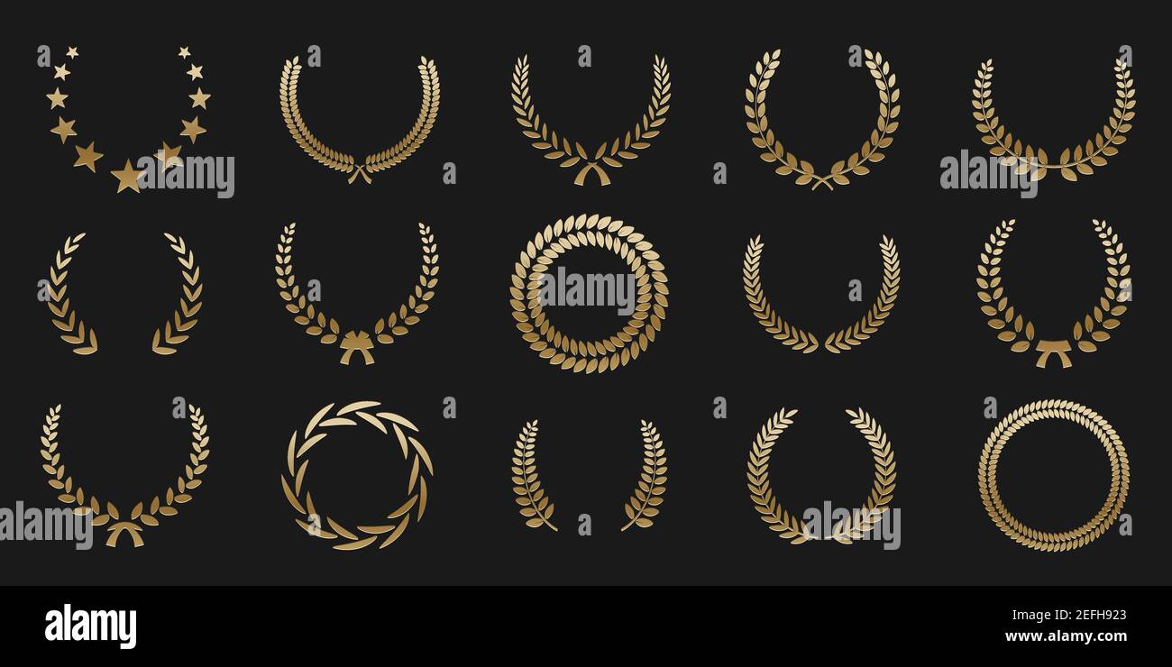 Corone d'oro su sfondo nero. Set di foglie premio corona per campionato o festival del cinema. Illustrazione vettoriale Illustrazione Vettoriale