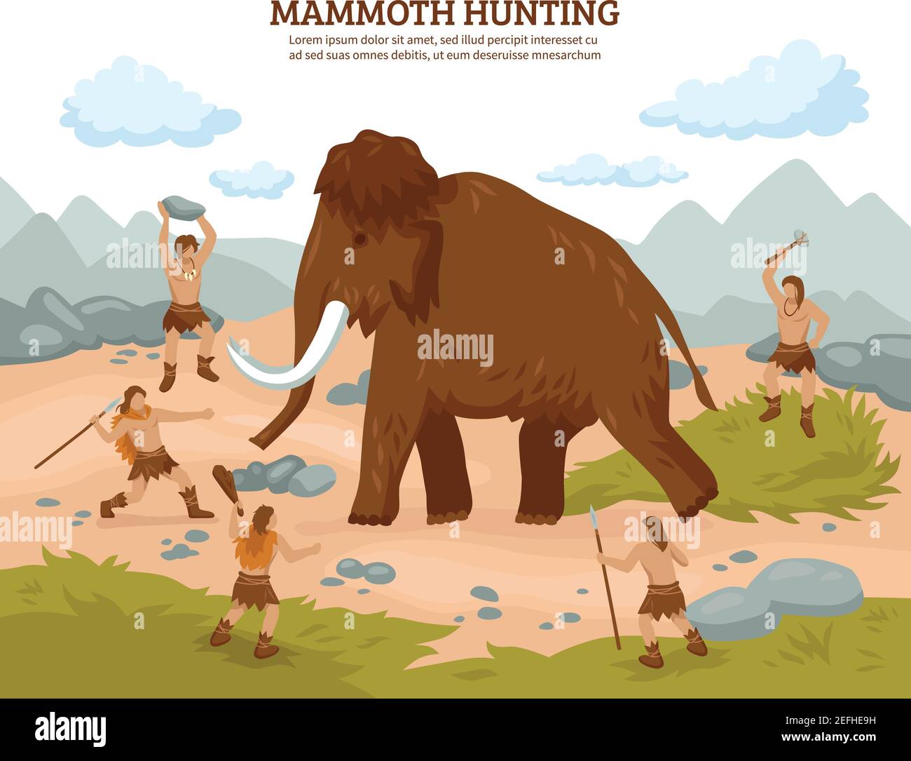 Sfondo di caccia Mammoth con persone mammut e armi vettore piatto immagine Illustrazione Vettoriale