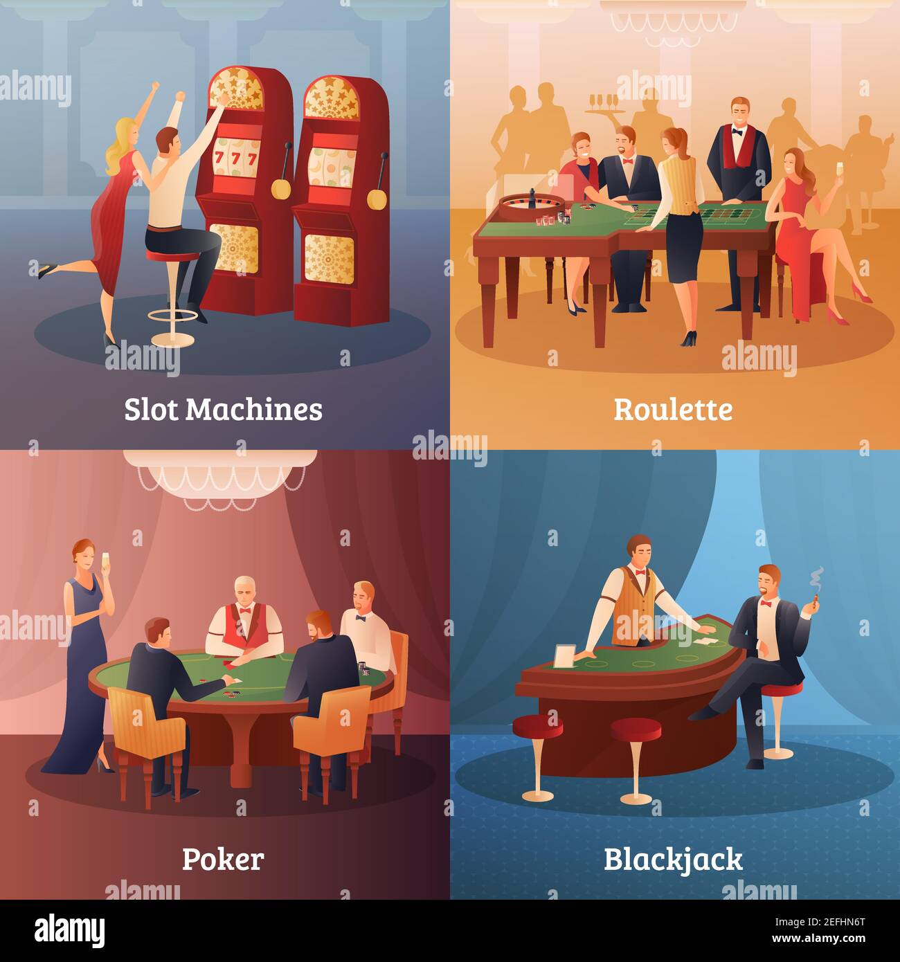 Le icone di concetto del casino e del gioco d'azzardo insieme con i simboli della roulette piatti illustrazione vettoriale isolata Illustrazione Vettoriale
