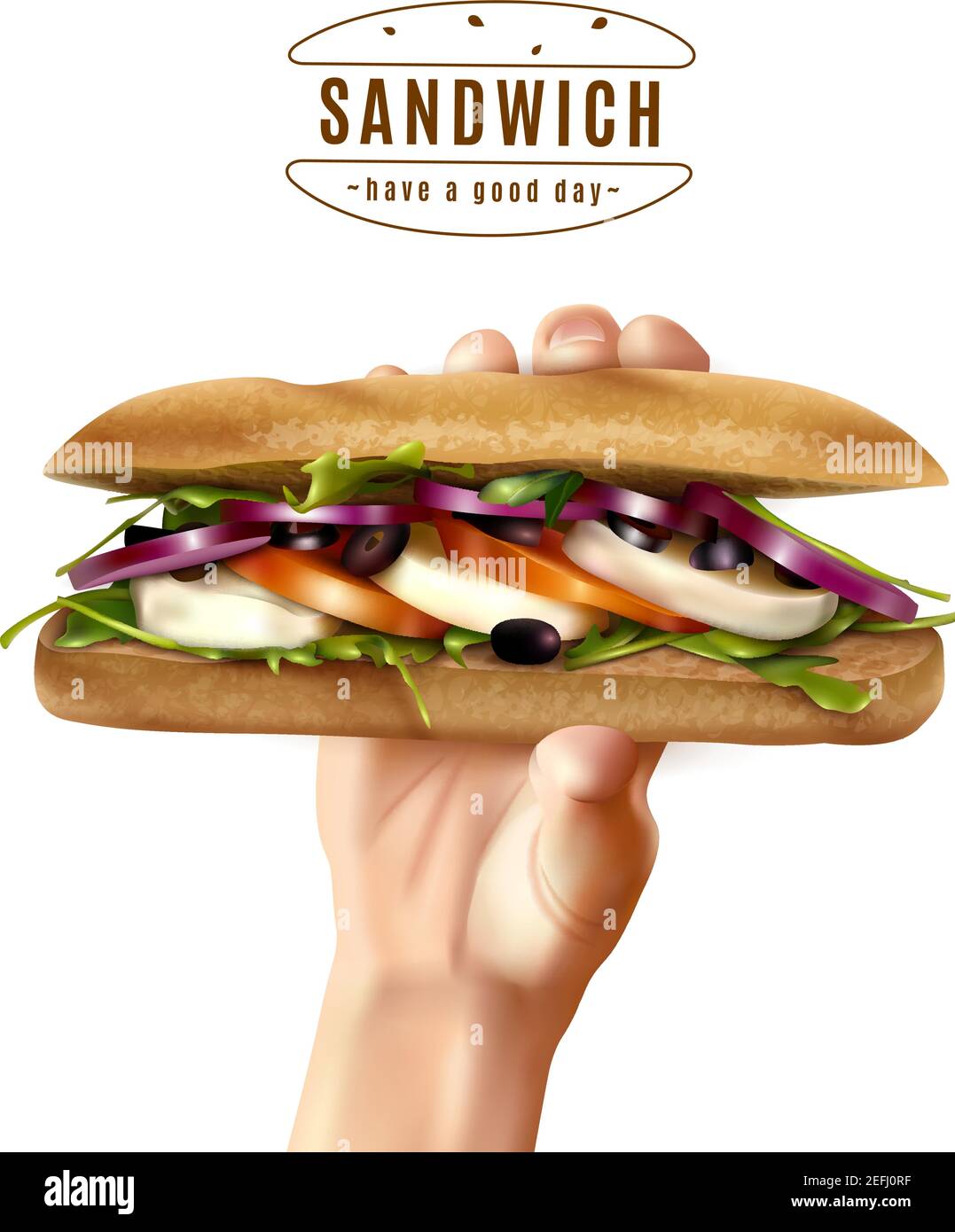 Un panino sano a grani multipli con pomodoro alla lattuga di mozzarella onion pubblicità realistica poster bianco sfondo illustrazione vettoriale Illustrazione Vettoriale
