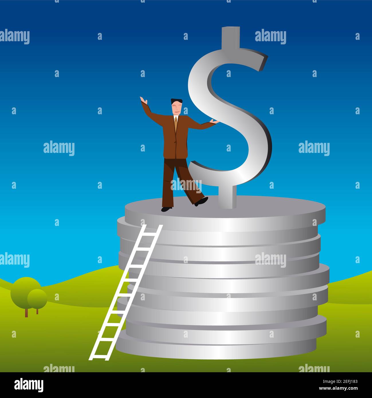 Imprenditore in piedi su una pila di monete Foto Stock