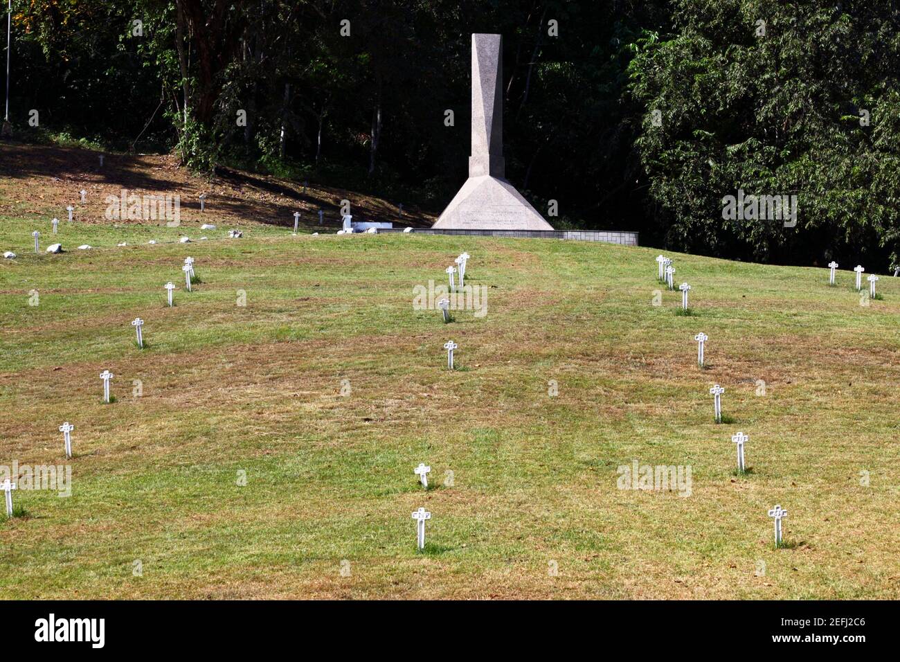 Monumento di granito per onorare coloro che sono morti nel tentativo francese di costruire il canale di Panama nel Cimitero Francese, vicino Paraiso, zona canale, Panama Foto Stock
