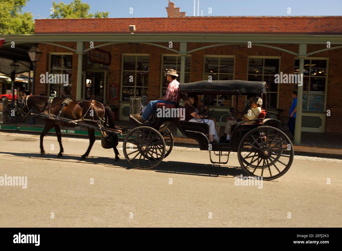 Carrello di cavalli in movimento su una strada Foto Stock