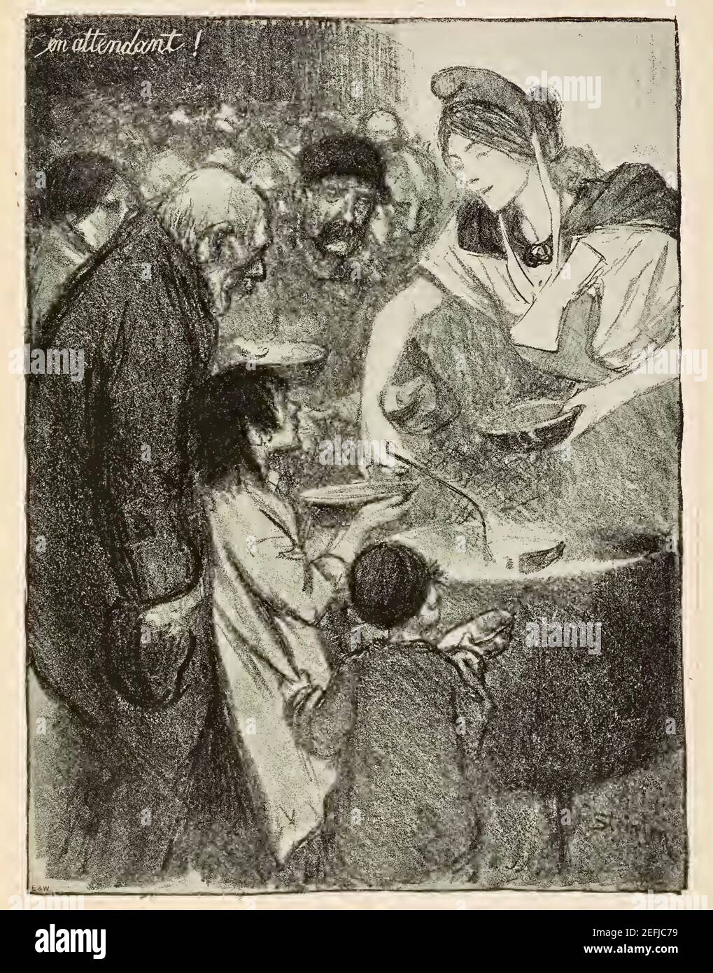 Theophile Steinlen opera intitolata en Attendant una scena da una cucina per zuppe. Foto Stock