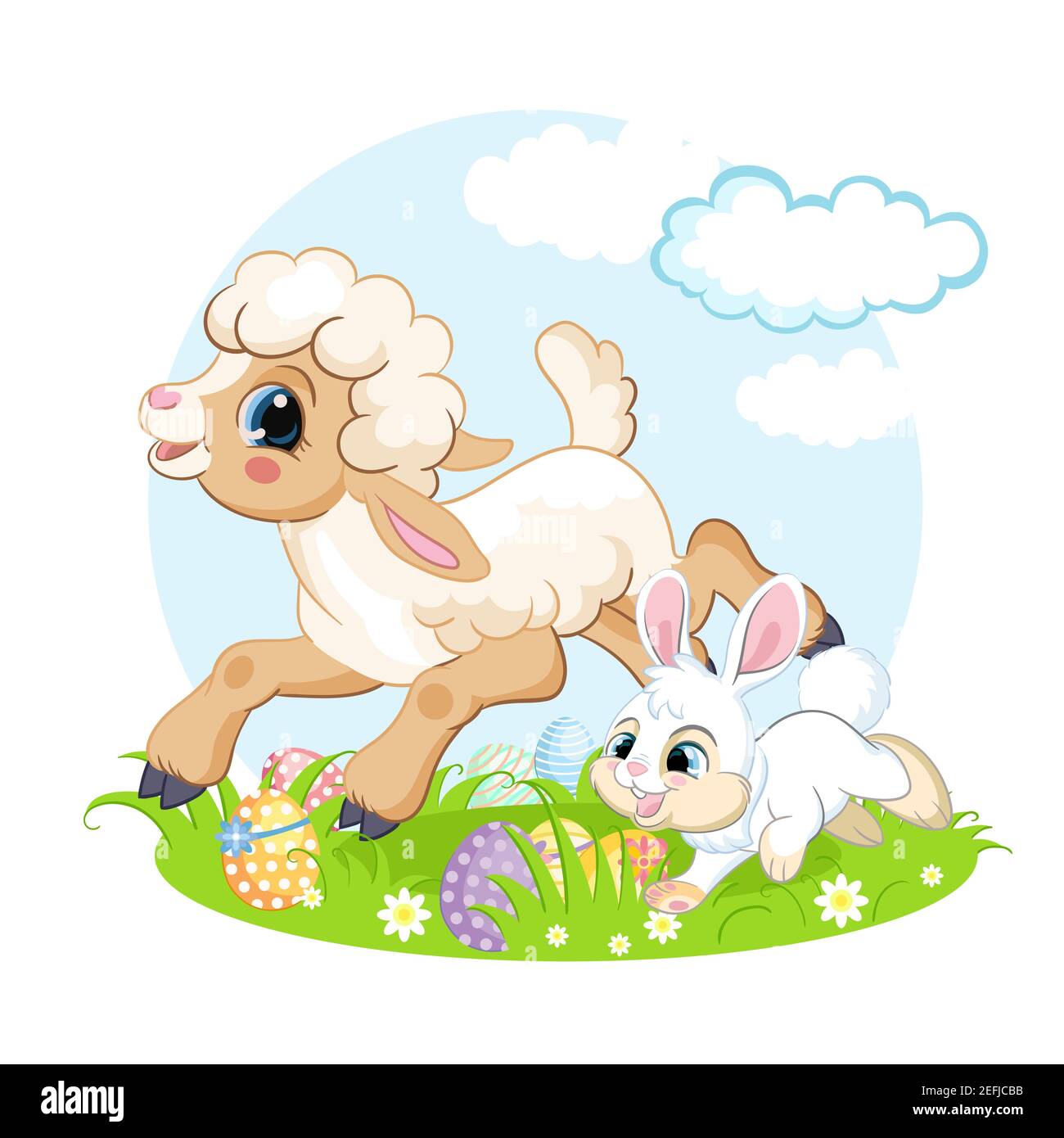 Carino cartoni animati personaggi agnello e coniglio in esecuzione su un prato di fiori. Illustrazione vettoriale isolata. Per cartoline, poster, design per vivai, biglietti, appiccicale Illustrazione Vettoriale