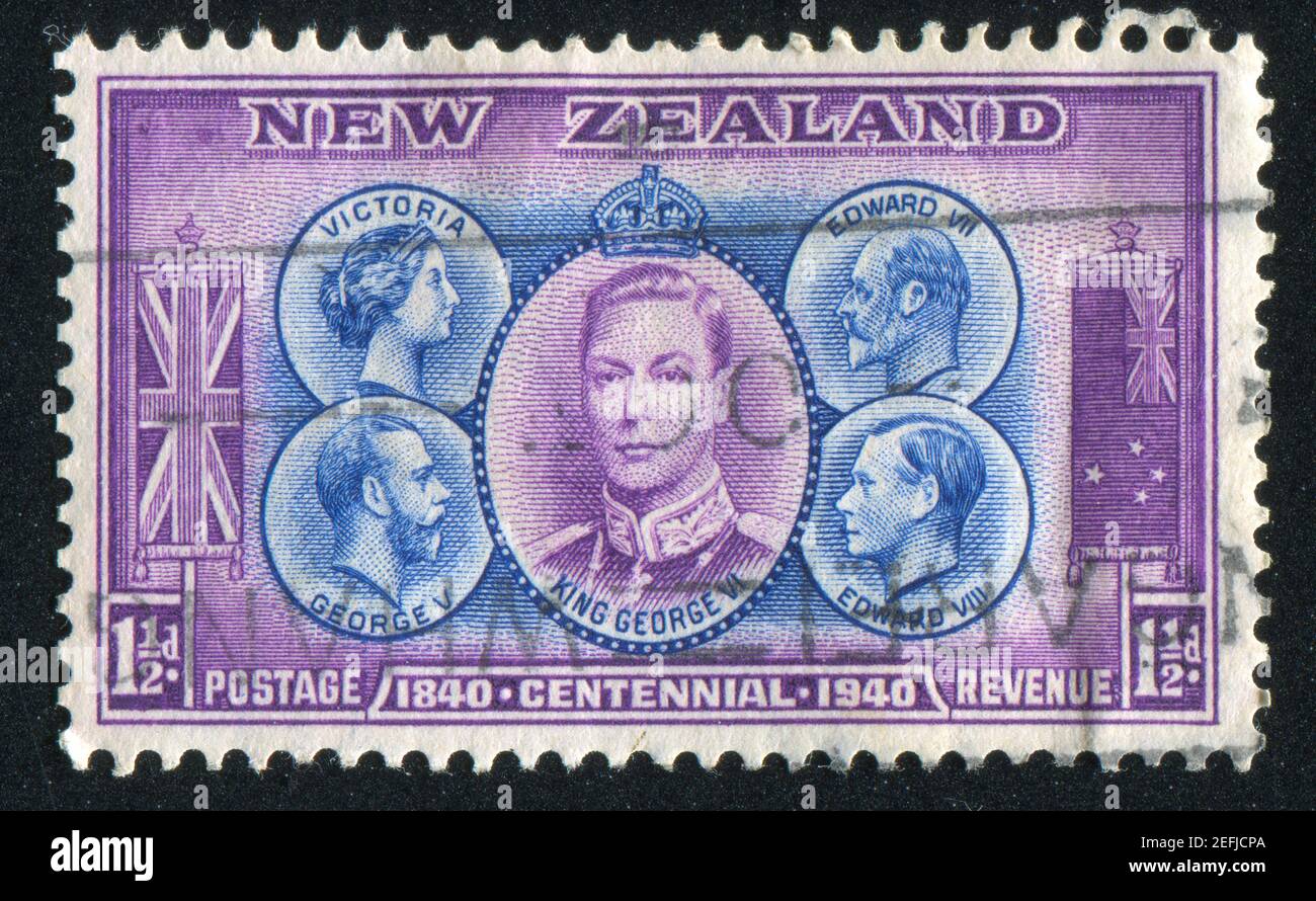 NEW ZEALAND - CIRCA 1940: Francobollo stampato dalla Nuova Zelanda, mostra Victoria, Edward VII, George V, Edward VIII e George VI, circa 1940 Foto Stock