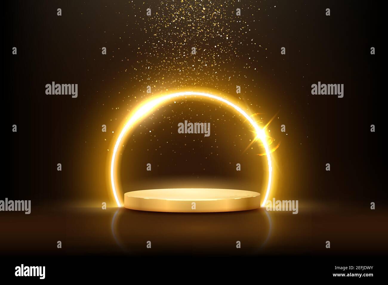 Cerchio dorato al neon incandescente con scintille in nebbia sul podio dorato. Cornice luminosa rotonda astratta su sfondo scuro. Design geometrico di moda vecto Illustrazione Vettoriale