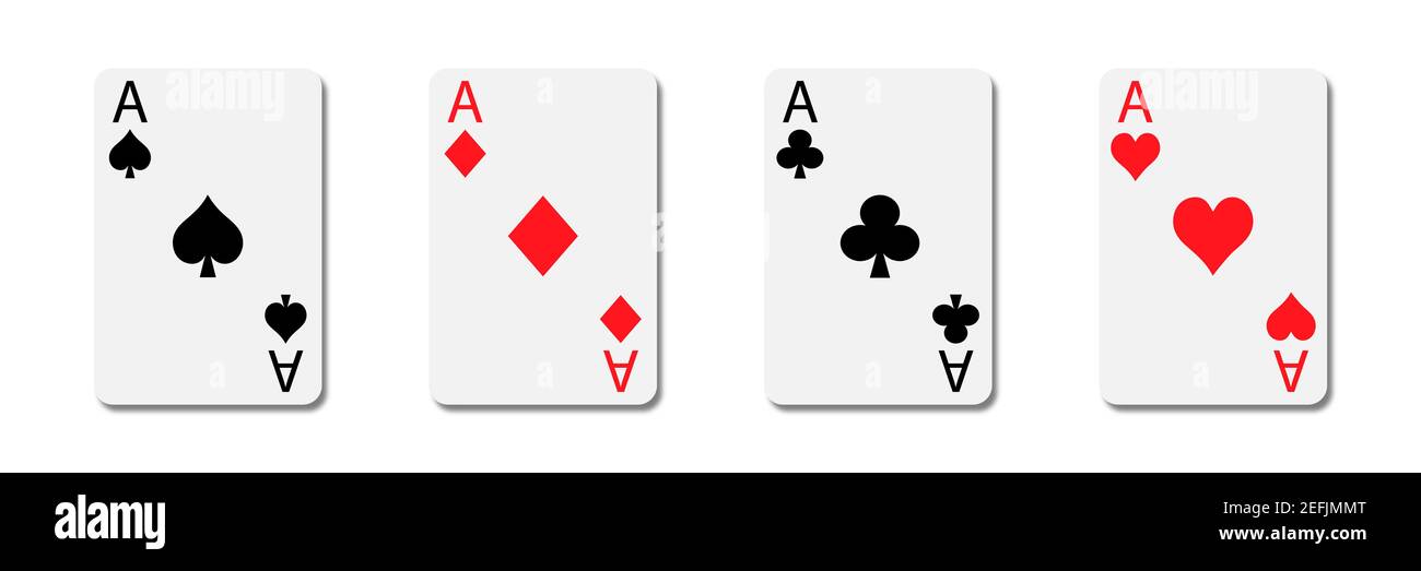 Set di quattro assi mazzo di carte. Design per giocare a poker e casinò su sfondo bianco con ombra. Illustrazione Vettoriale
