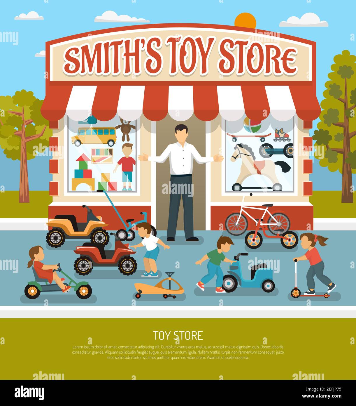 Prodotti per negozi per bambini composizione di negozi di giocattoli con edificio boutique venditore e neonati con biciclette playcars illustrazione vettoriale Illustrazione Vettoriale