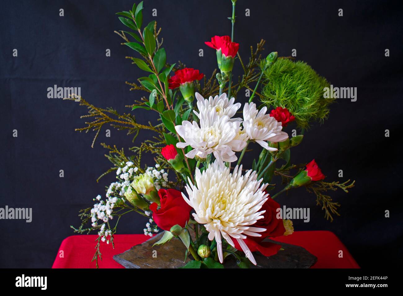 Una varietà di fiori, boccioli e foglie in un colorato allestimento interno con blurring selettivo -05 Foto Stock