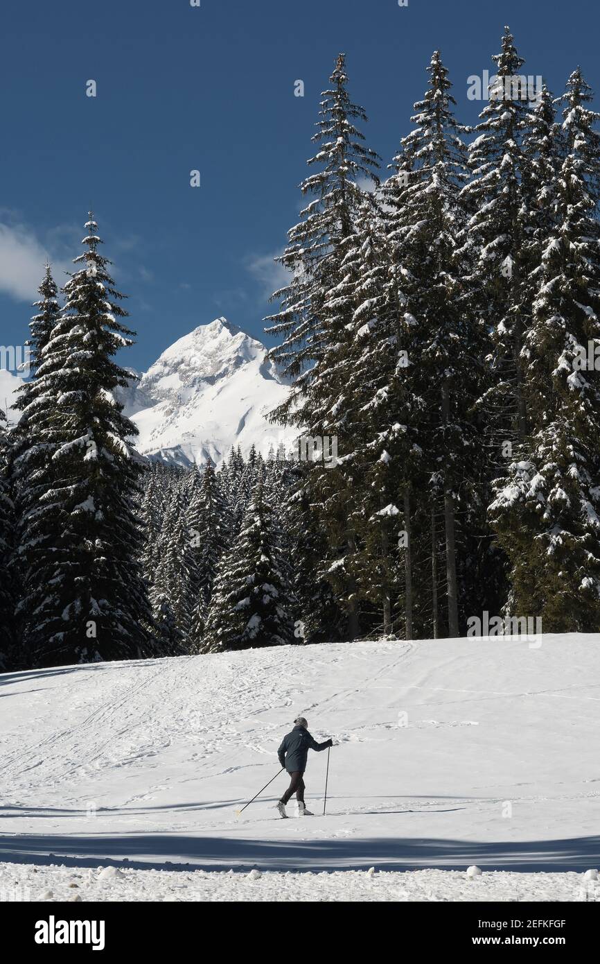 Paesaggio invernale soleggiato con sci di fondo in primo piano e vetta alpina in background. Sport invernali, sci, stagione e tempo. Foto Stock