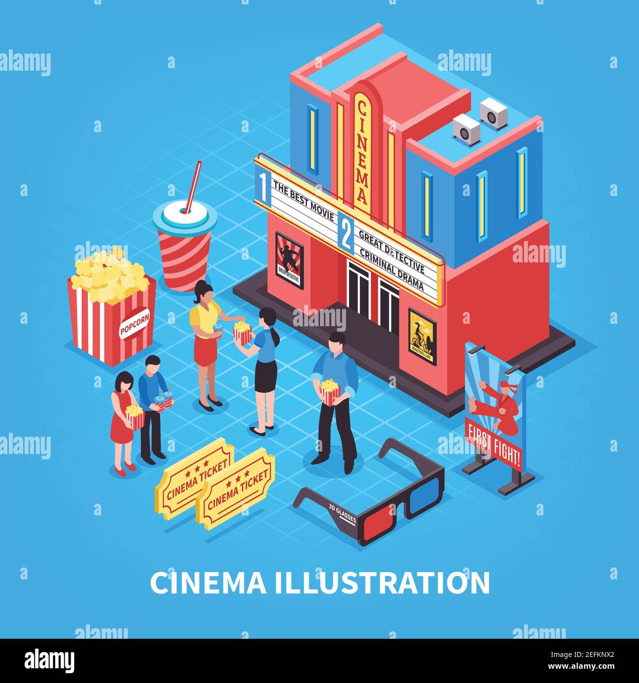 Cinematografia concetto di design isometrico con biglietti per la costruzione di cinema vetri 3d e le persone vicino a teatro illustrazione vettoriale Illustrazione Vettoriale