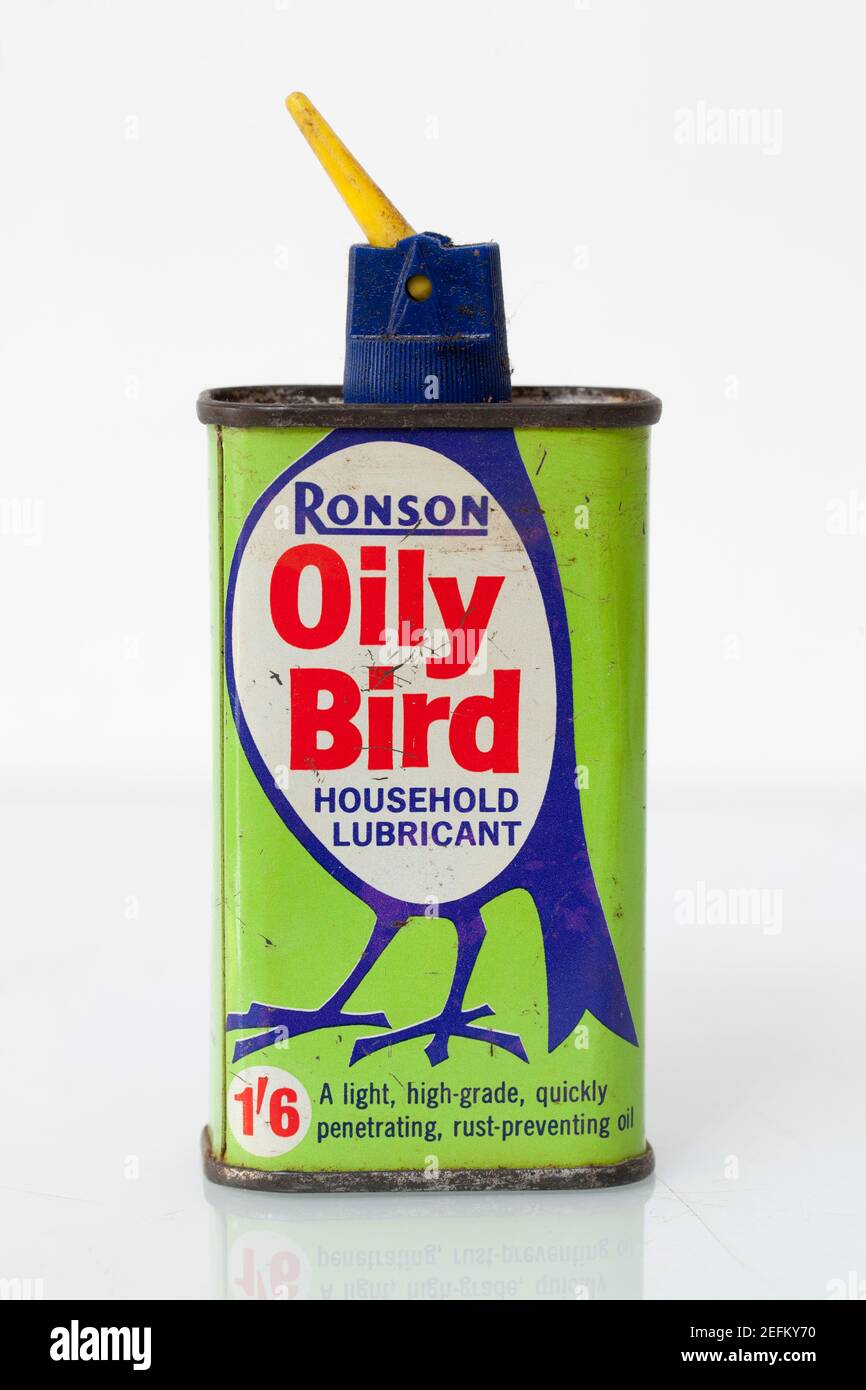 Vecchia lattina di olio Ronson 'Oliy Bird' lubrificante casalinghi Foto Stock