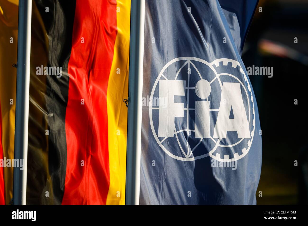 Illustrazione bandiera del logo FIA, drapeau durante la Formula 1 Aramco Grosser Preis Der Eifel 2020, Gran Premio di Eifel, dal 9 al 11 ottobre 2020 sulla Nürburgring, a Nürburg, Germania - Foto Antonin Vincent / DPPI Foto Stock