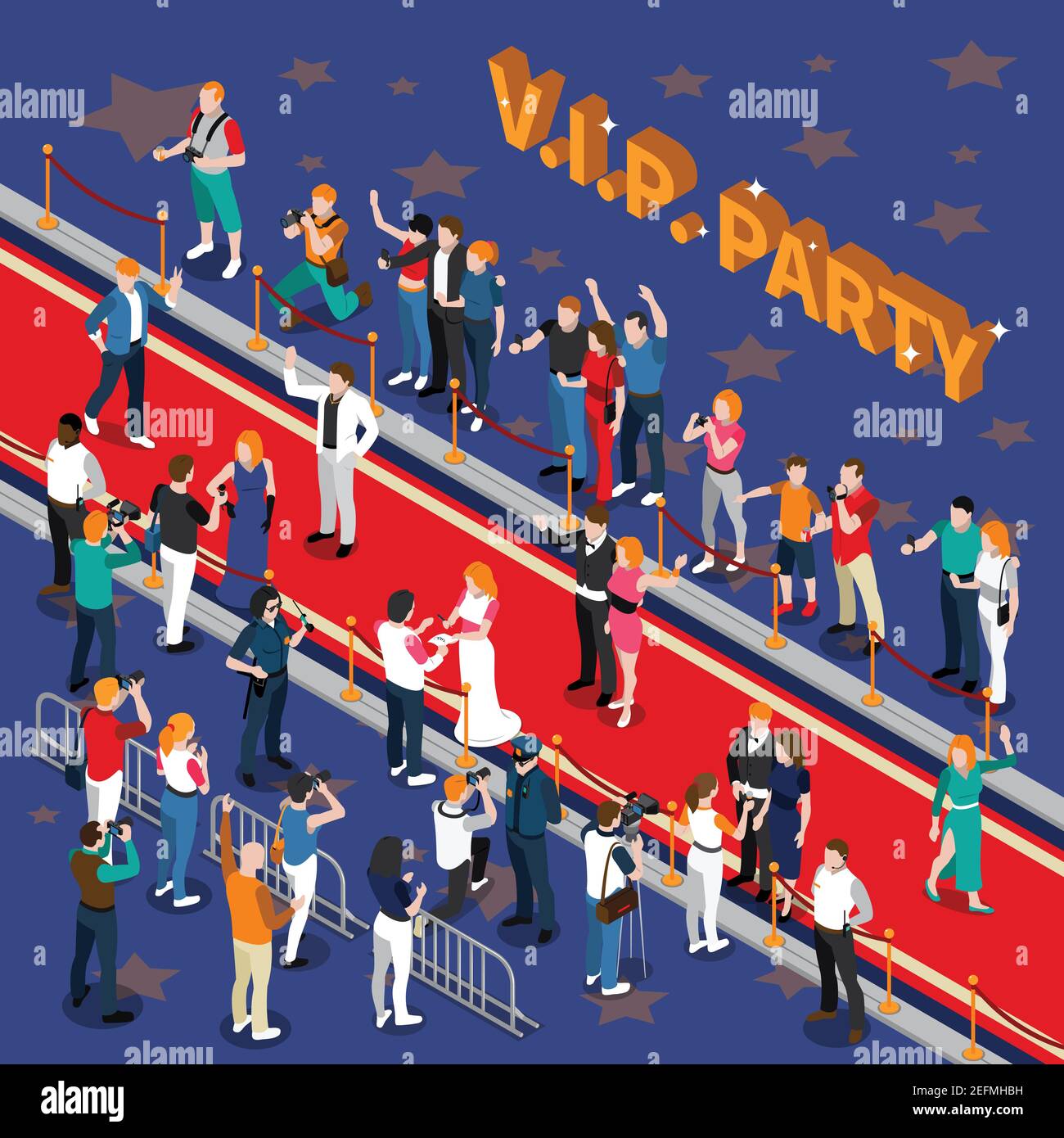 Festa VIP con celebrità su tappeto rosso fotografi ammiratori su sfondo blu con stelle, illustrazione vettoriale isometrica Illustrazione Vettoriale