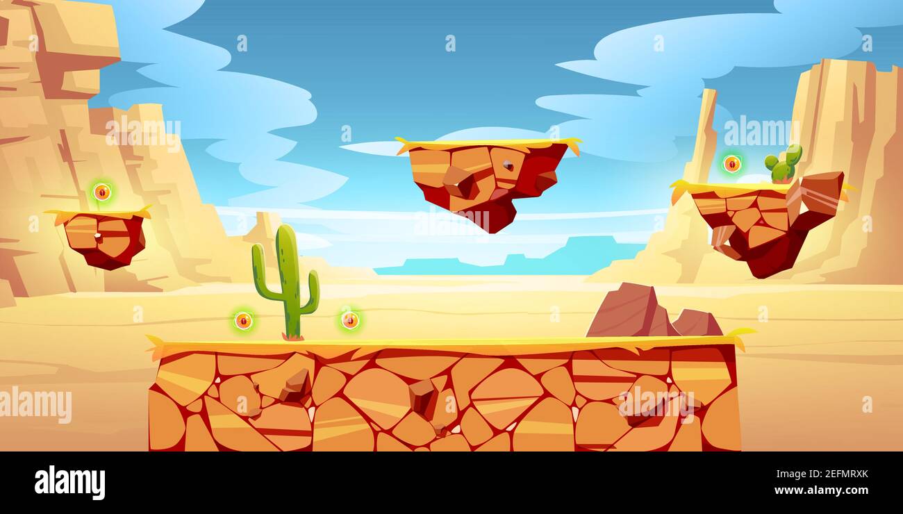 Piattaforma di gioco Cartoon deserto paesaggio, 2D ui design per computer o mobile. Canyon con cactus verdi, rocce o montagne, sfondo con elementi arcade per saltare, oggetti bonus o luoghi della natura Illustrazione Vettoriale