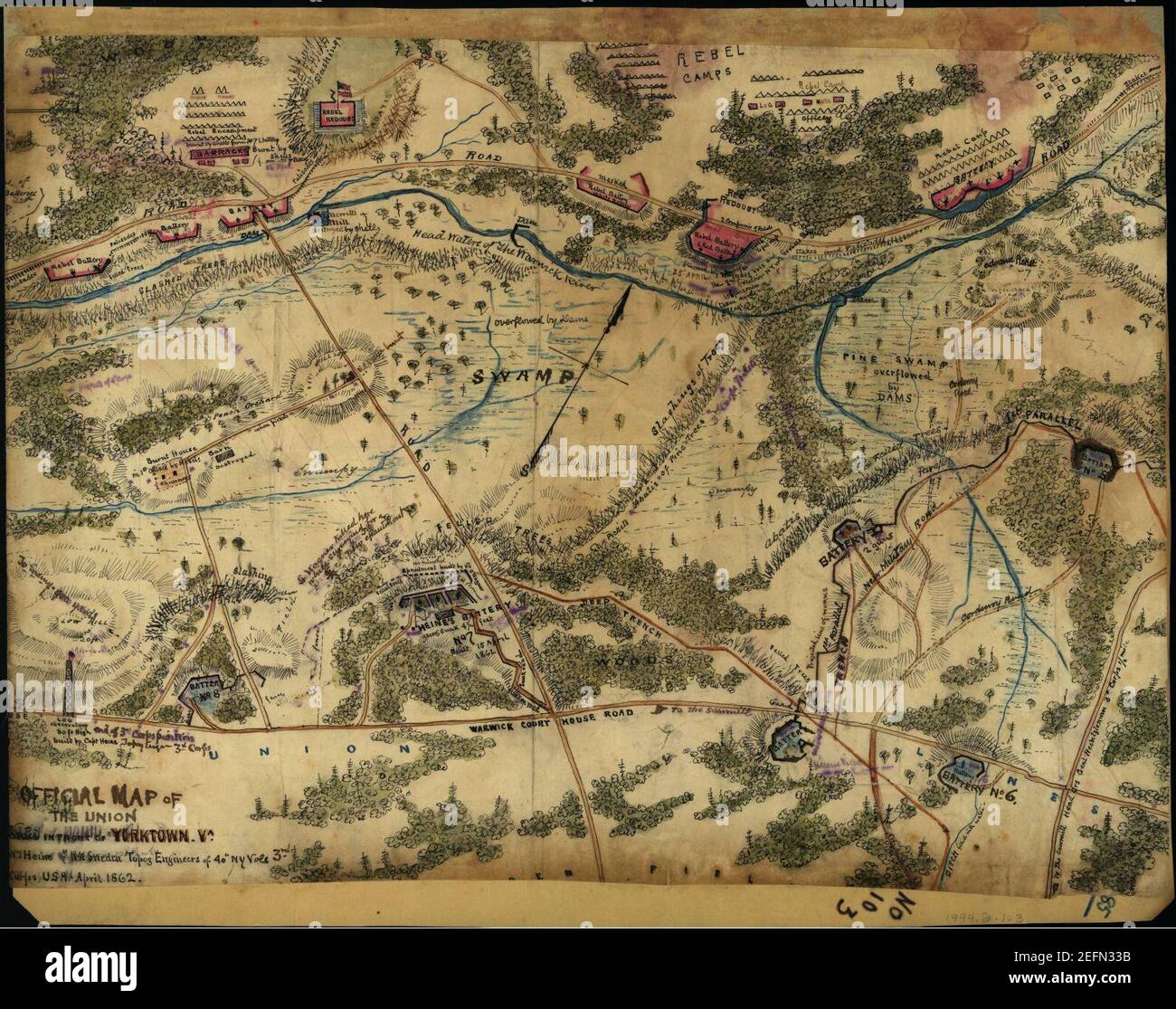 Mappa ufficiale dell'Unione lavora davanti a Yorktown, Va. Foto Stock
