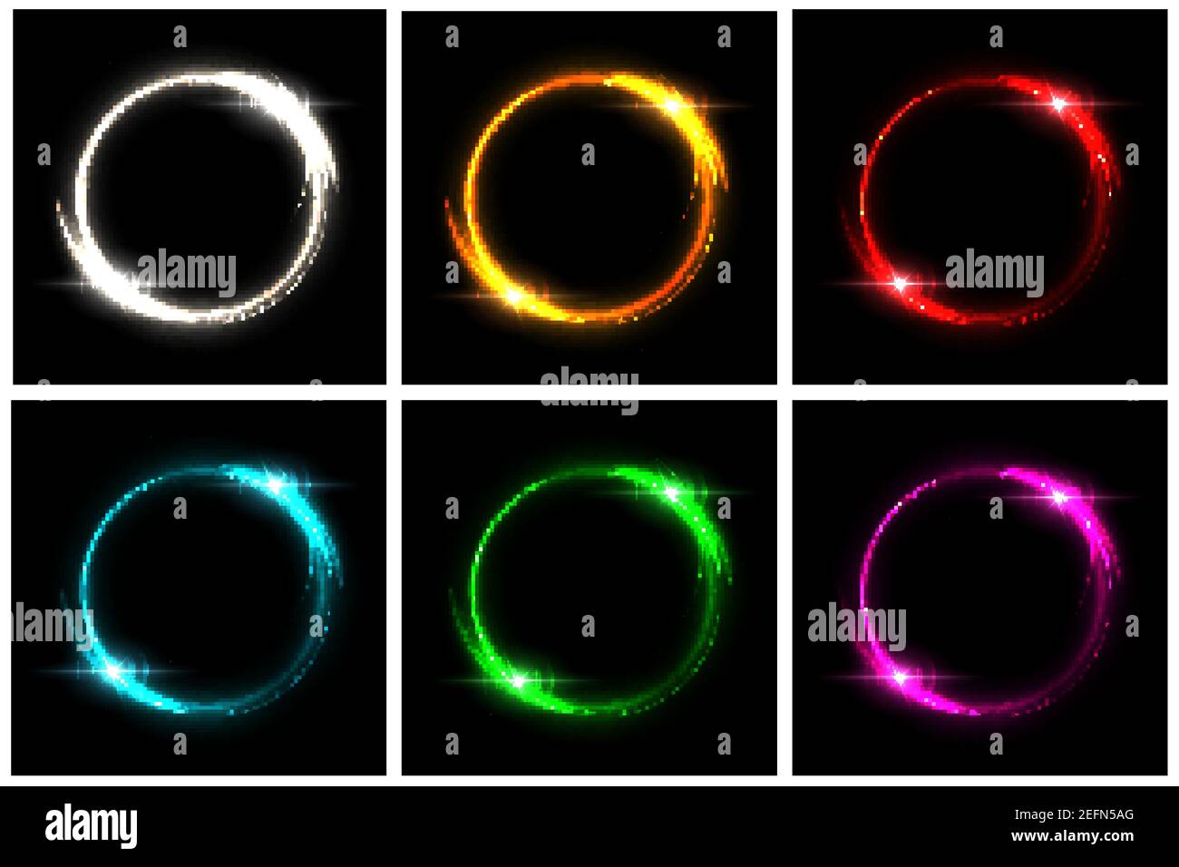 Set di cerchi al neon incandescenti. Argento, arancione, rosso, blu, verde, cornice di luce elettrica rotonda rosa con scintille su sfondo nero. Design geometrico di moda Illustrazione Vettoriale