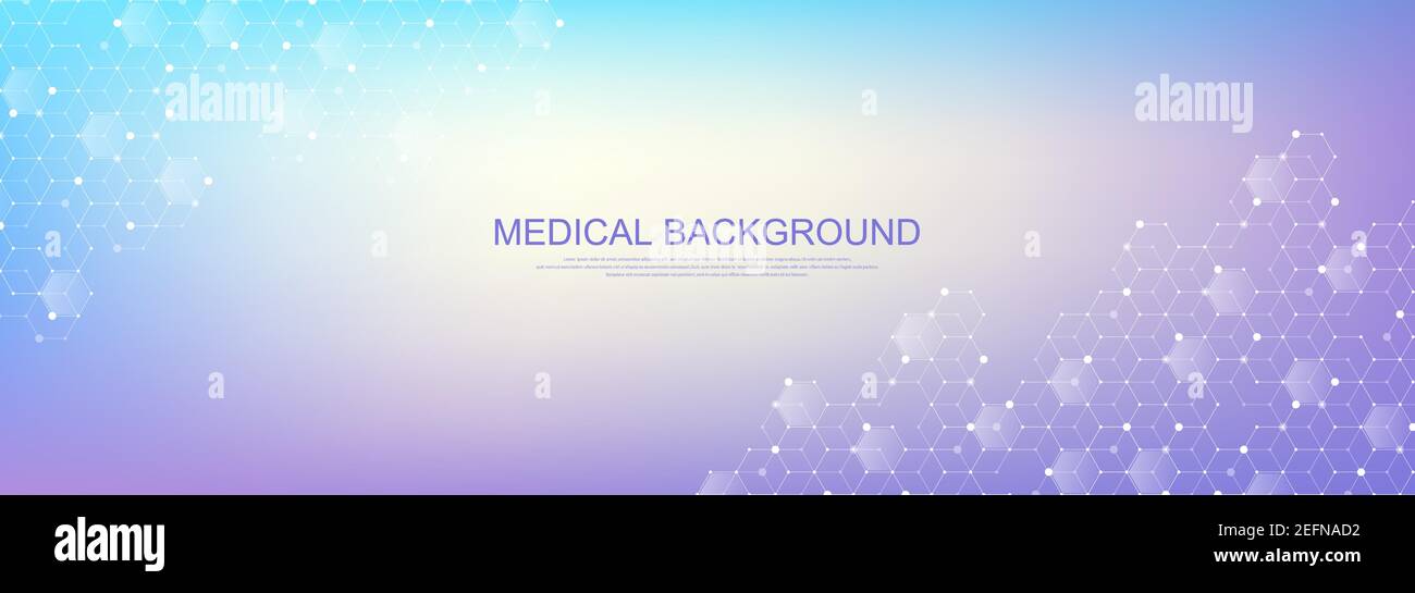 Progettazione di background del concetto di innovazione del modello medico e dell'assistenza sanitaria. Gli esagoni geometrici astratti modellano la medicina e il background scientifico. Vettore Illustrazione Vettoriale