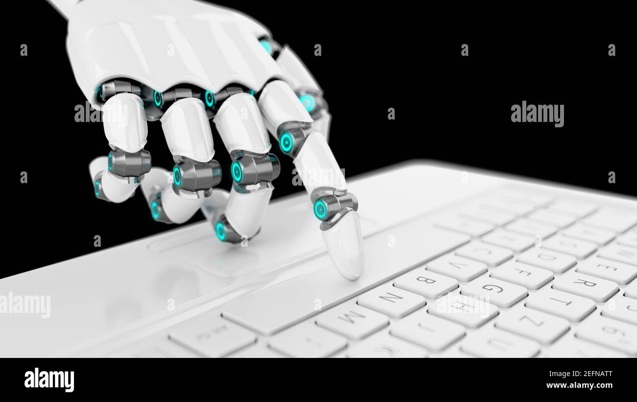 Futuristica mano bianca di cyborg premendo un tasto su una tastiera Foto Stock
