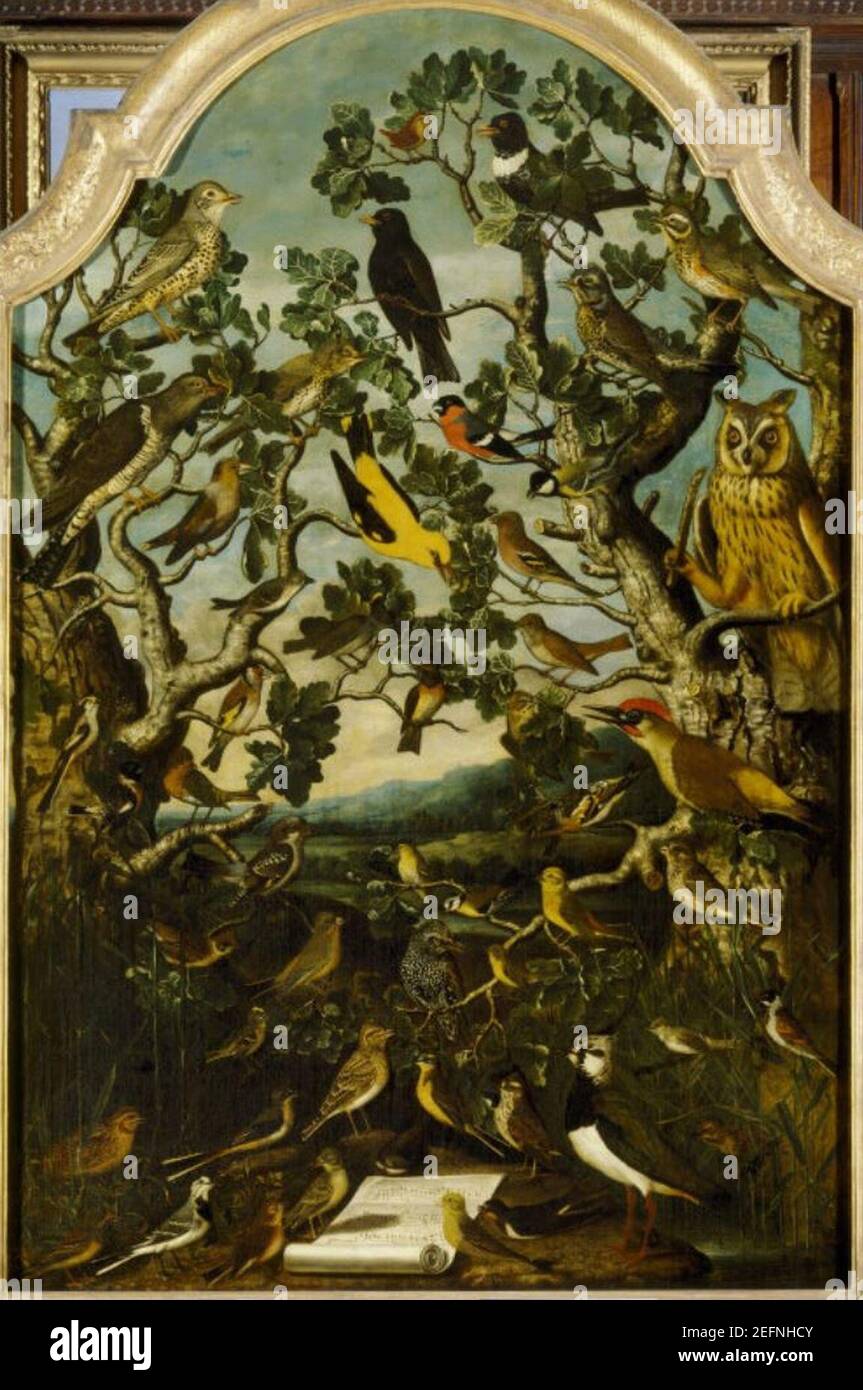 Dipinto ad olio su tela, Birds of Britain (Concerto di uccelli sonori in due alberi, guardato da un gufo), Scuola fiamminga, 17 ° secolo. Foto Stock