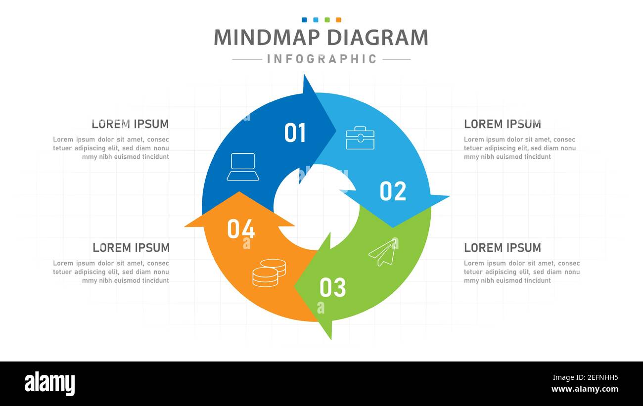 Modello infografico per le aziende. 4 passi moderno schema mindmap con cicli, presentazione vettore infografica. Illustrazione Vettoriale