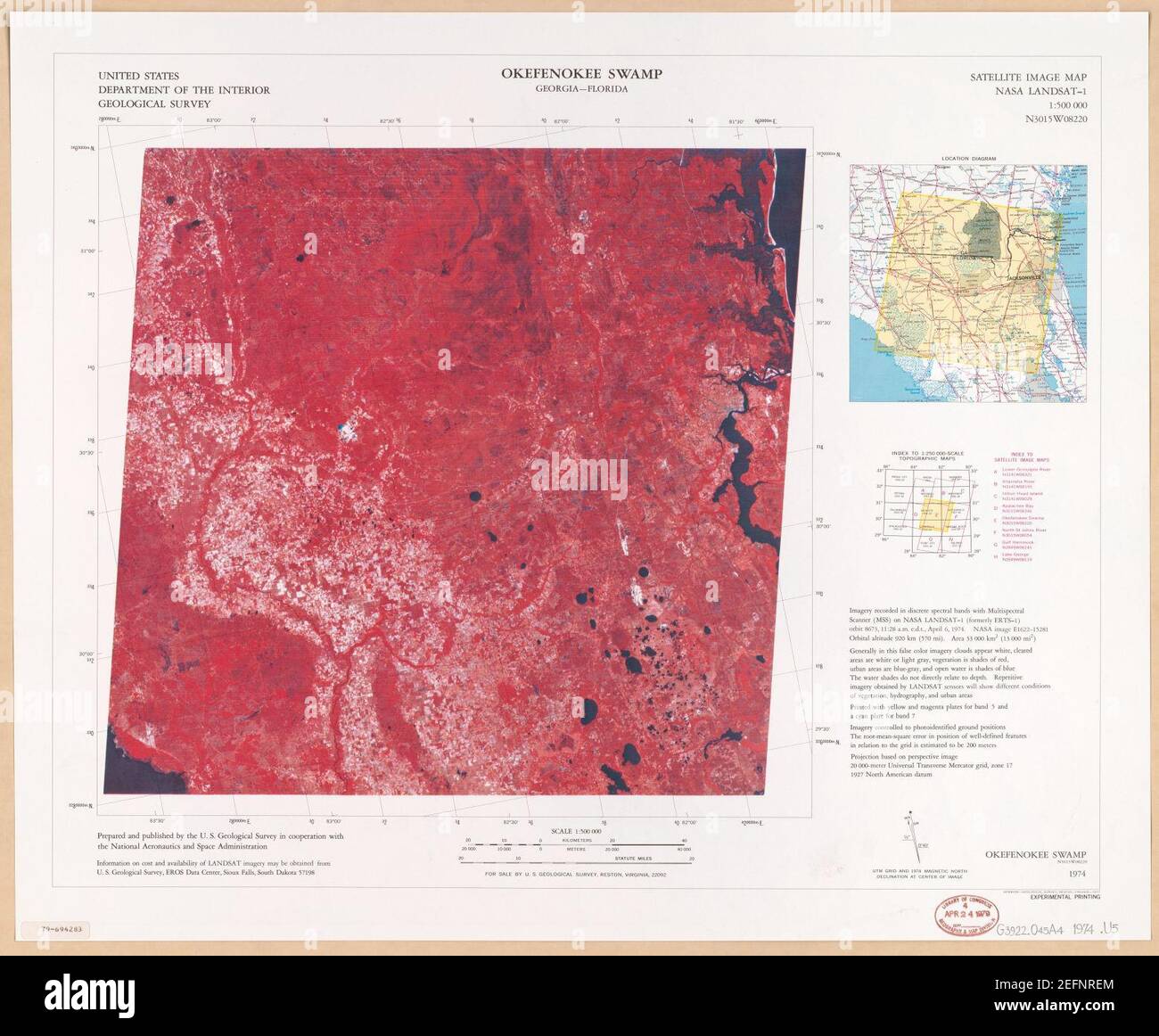 Okefenokee Swamp, Georgia-Florida, mappa dell'immagine satellitare - NASA LANDSAT-1, 1-500,000, N3015W08220 Foto Stock