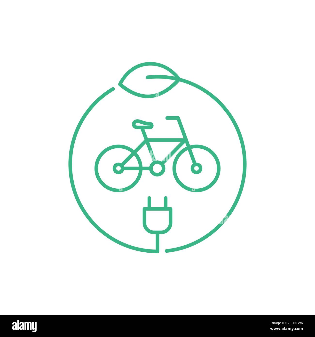 Icona della linea del logo della bicicletta elettrica. Cartello biciclette e. Bicicletta alimentata a batteria all'interno del cerchio con un tappo e una foglia. Trasporti ecologici.Vector Illustrazione Vettoriale