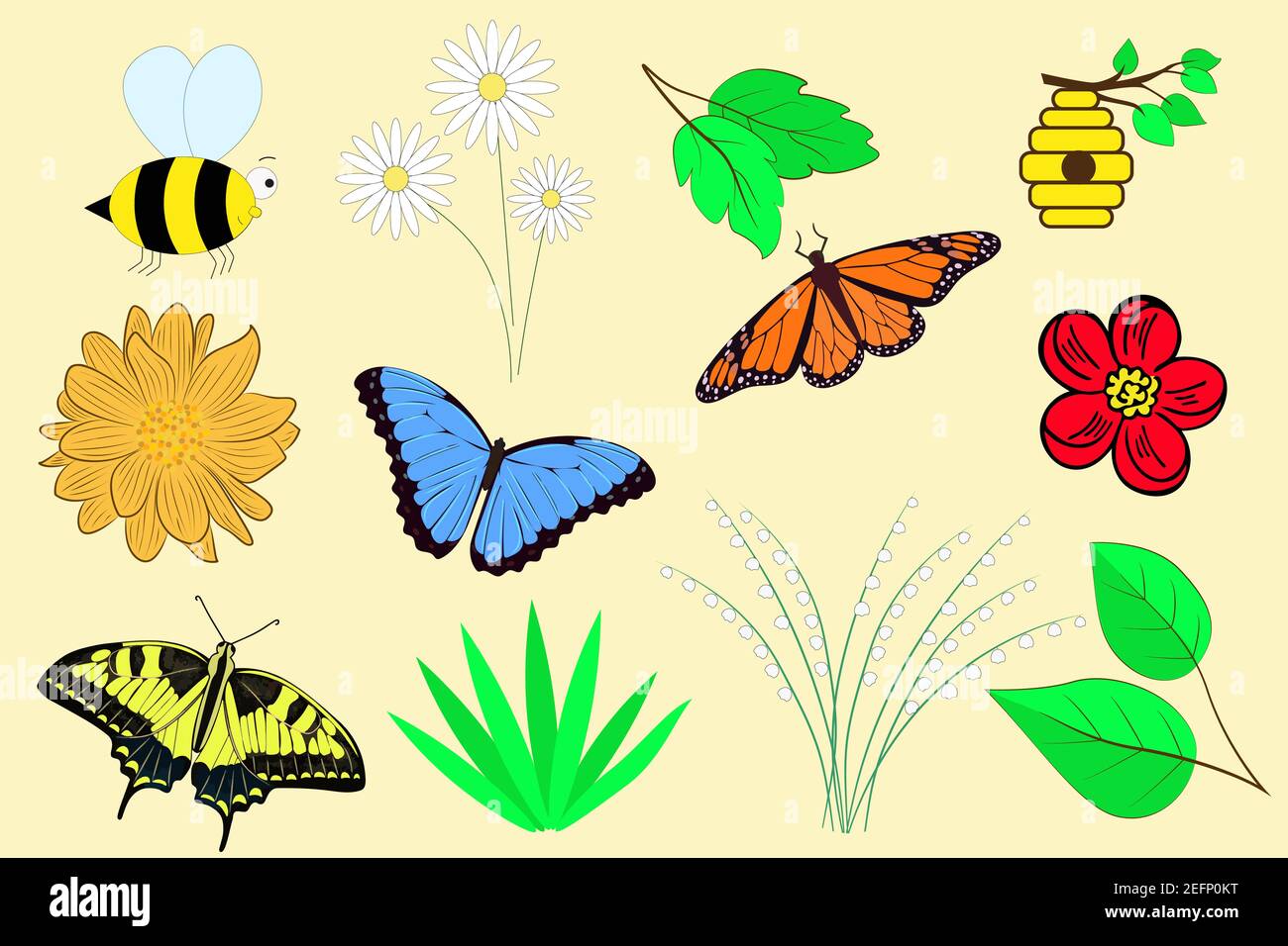 Set di molle. Elementi vettoriali per disegno, paraphernalia a molla. Fiori api foglie ramo farfalla. Illustrazione piatta. Illustrazione Vettoriale