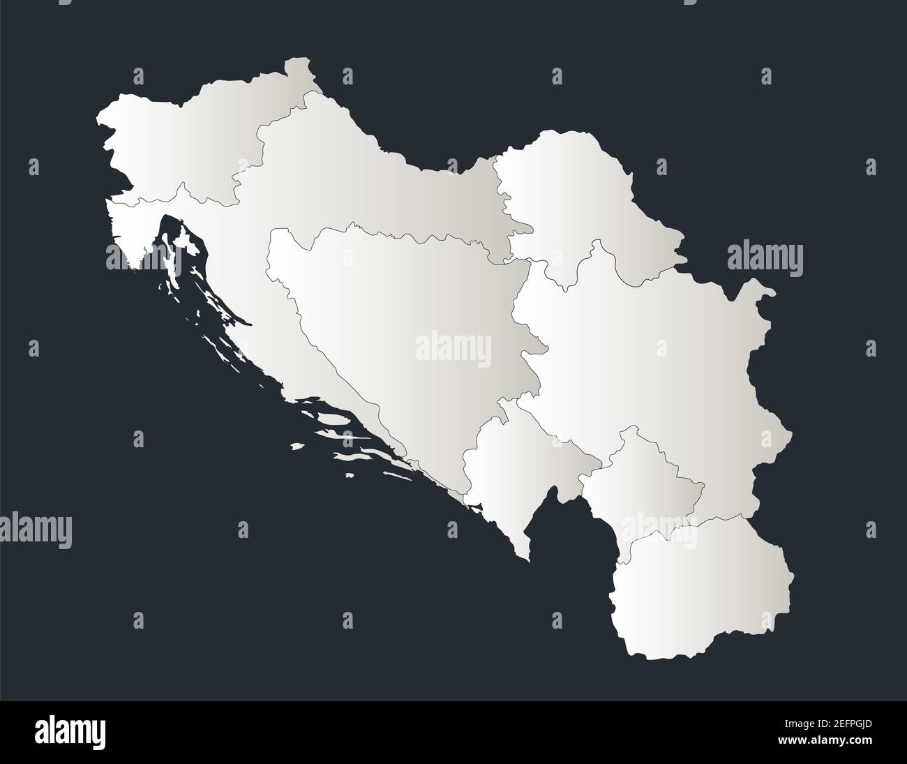 Mappa jugoslava, Infografica design piano colori bianco neve, con nomi di singole regioni vuote Foto Stock