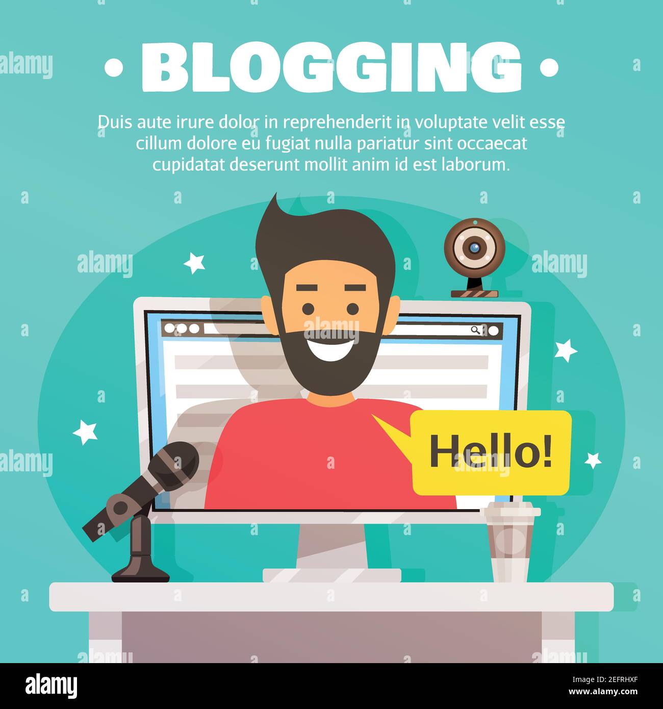 Blogger composizione con immagini piatte di computer desktop web camera e microfono con carattere maschile sullo schermo illustrazione vettoriale Illustrazione Vettoriale