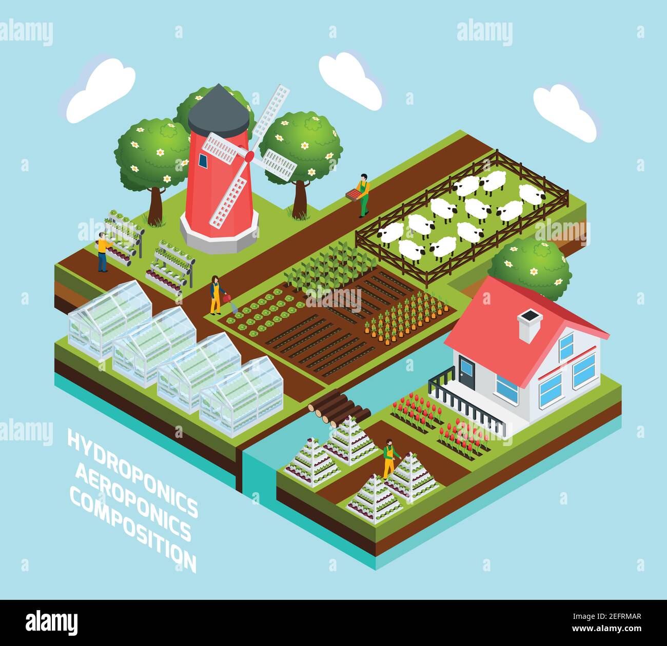 Concetto isometrico idroponico e aeronautico con simboli di serra e agricoltura illustrazione vettoriale Illustrazione Vettoriale