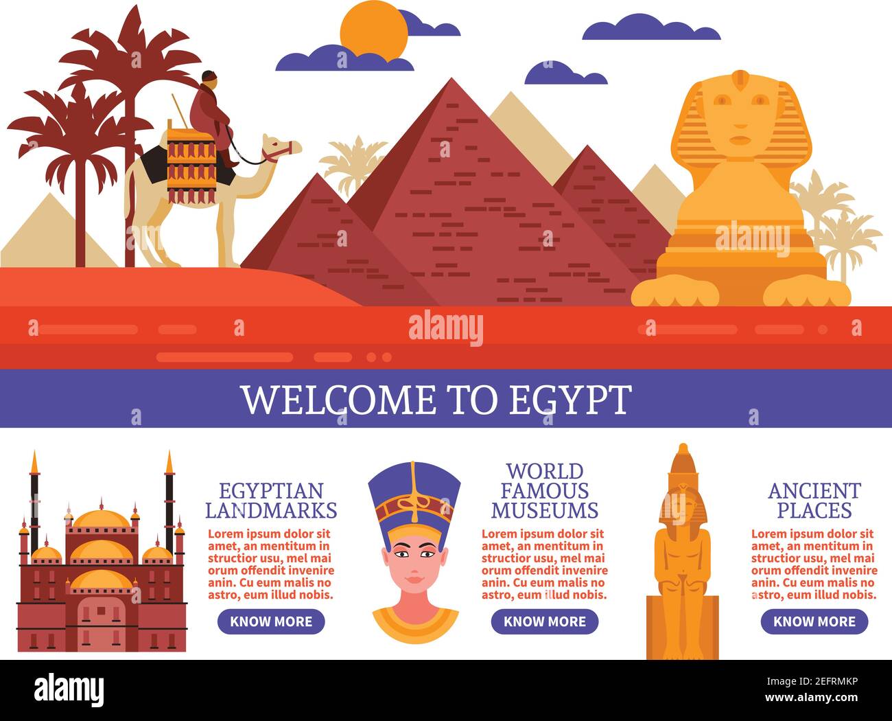 Egitto viaggio piatto vettore illustrazione con invito a visitare egiziano monumenti famosi musei e luoghi antichi Illustrazione Vettoriale