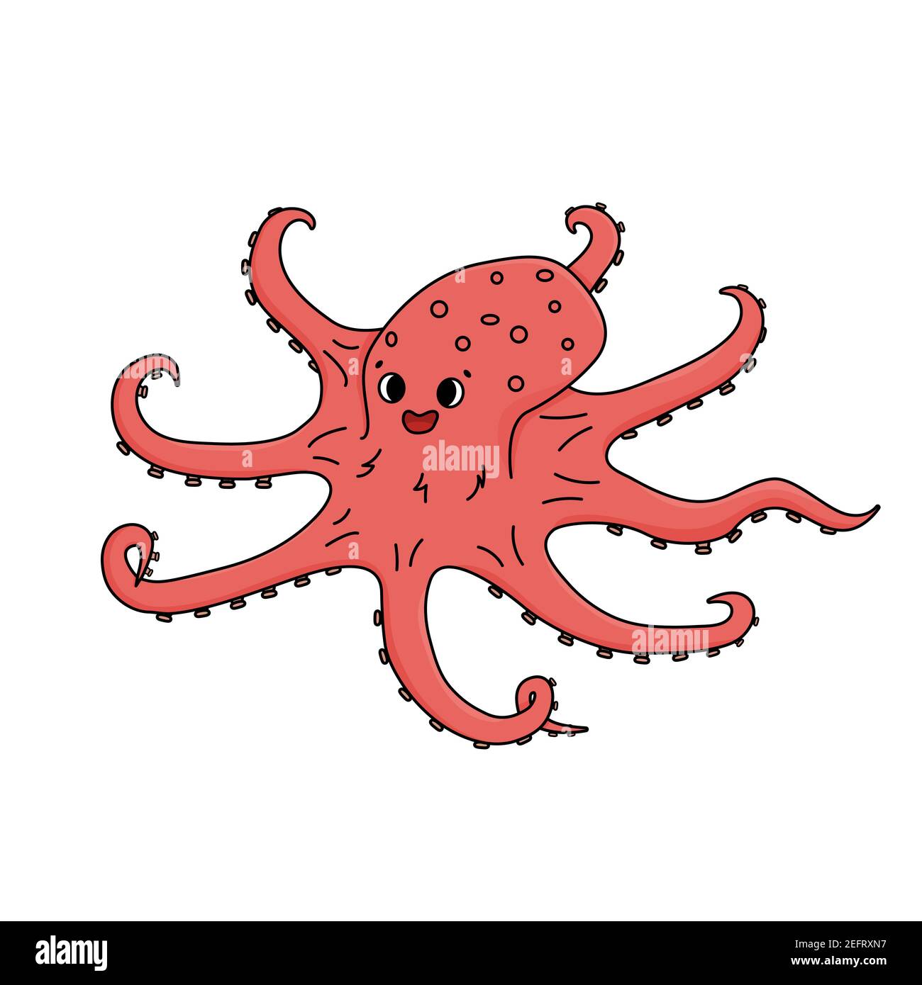Polpo rosa sorridente. Vettore contorno isolato doodle mare o oceano animale isolato su sfondo bianco Illustrazione Vettoriale