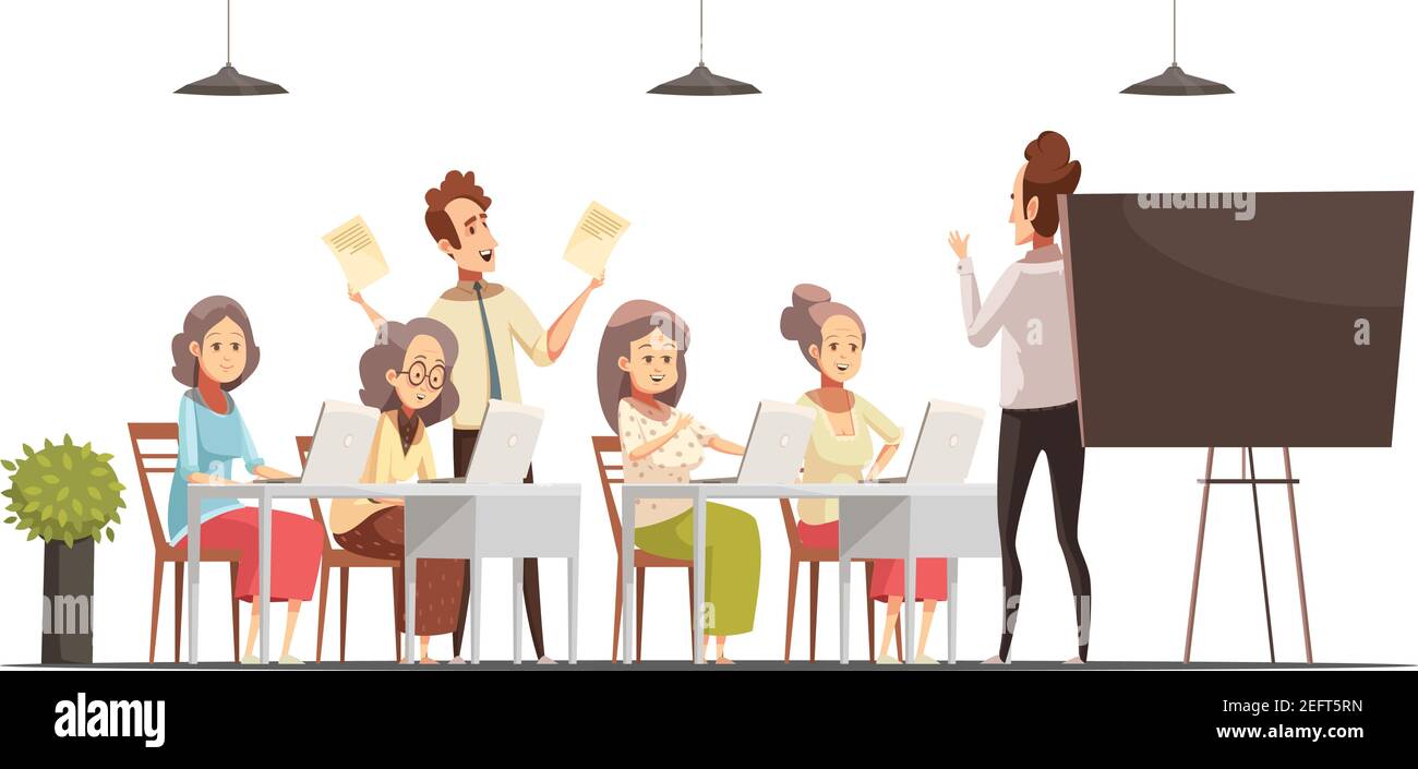 Senior women group classe computer per anziani retro cartoon poster con lavagna e laptop illustrazione vettoriale Illustrazione Vettoriale