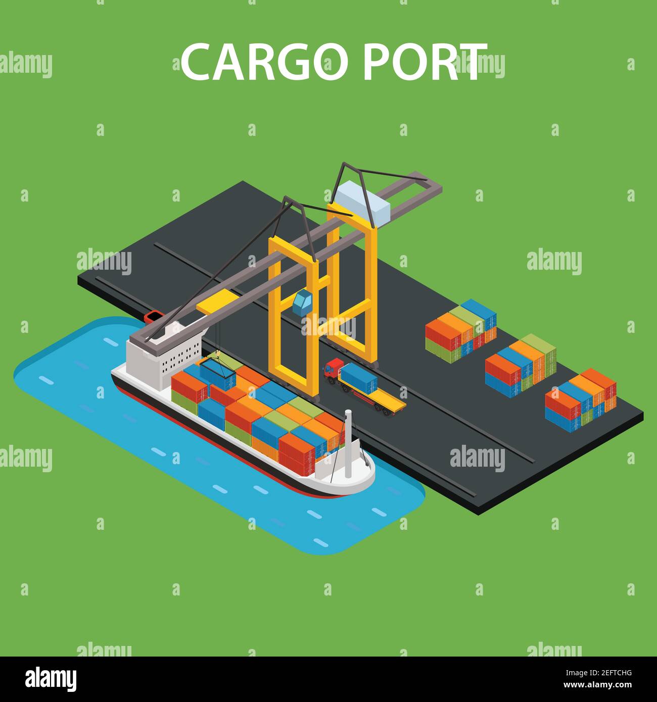 Concetto di porto di carico con illustrazione vettoriale isometrica del carico navale industriale Illustrazione Vettoriale