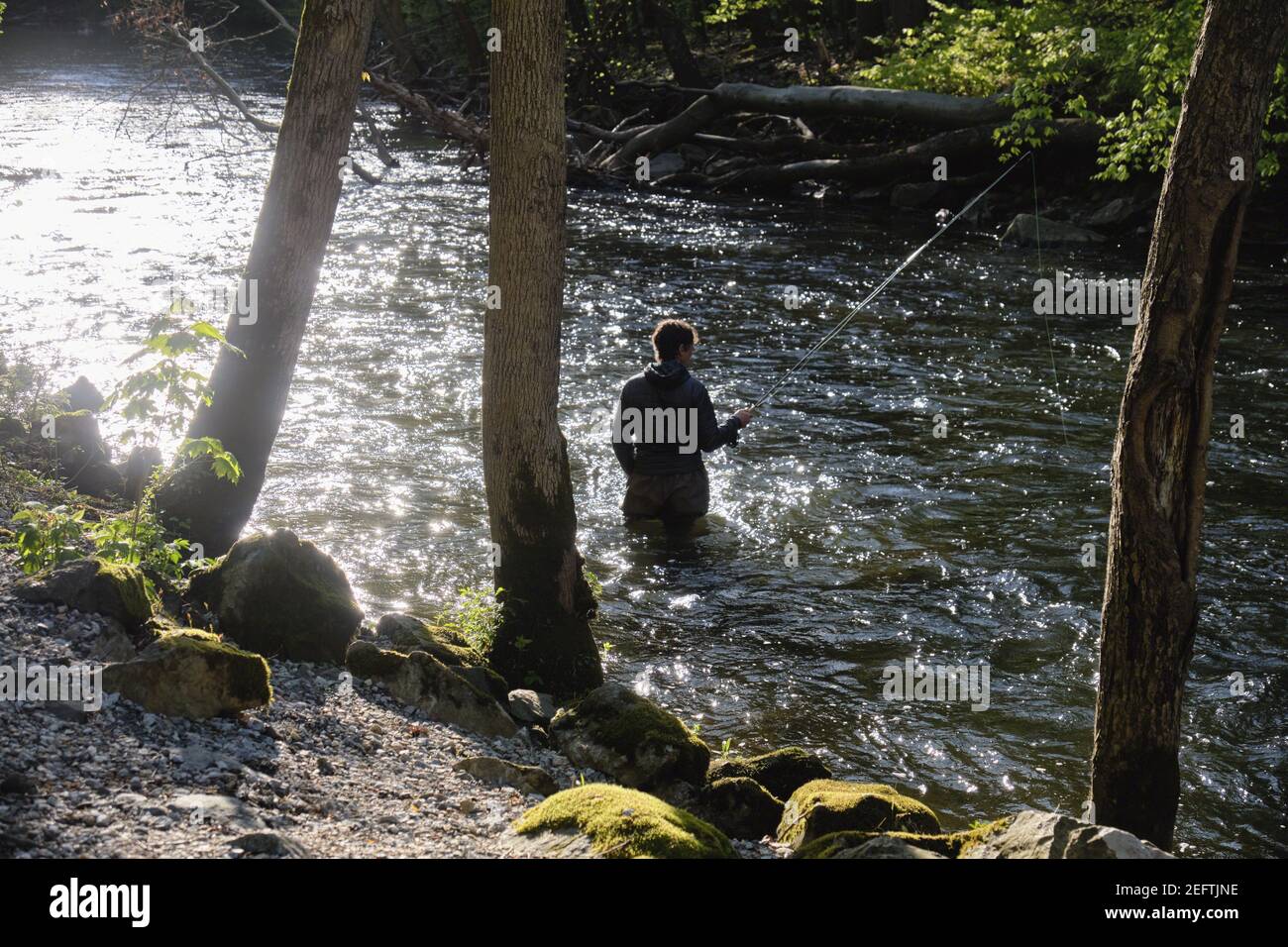 Un pescatore che si trova in un fiume con un polo da pesca, Black River, High Bridge, Hunterdon County, New Jersey Foto Stock