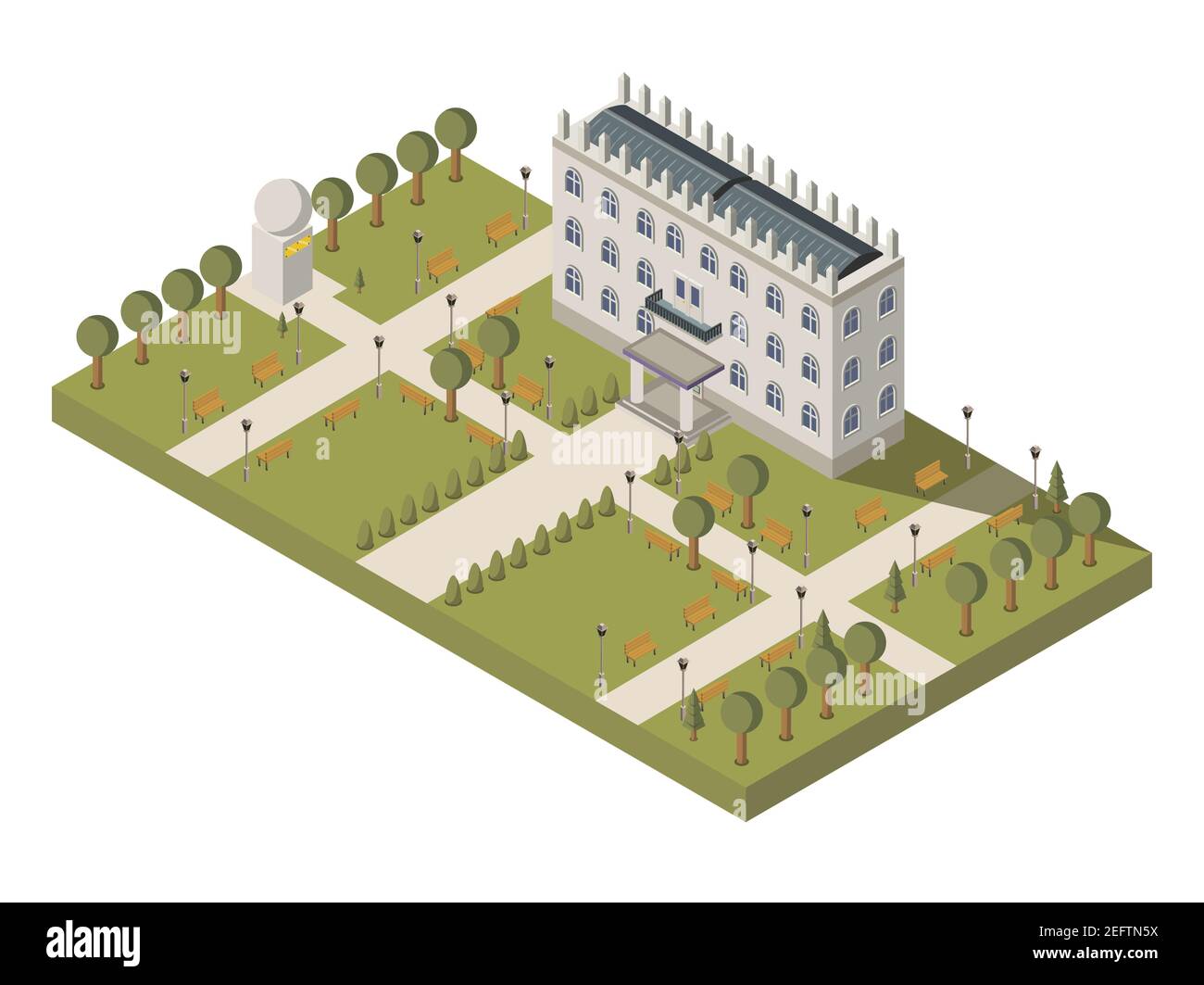 Composizione universitaria isometrica con parco di costruzione universitaria e vettore di campus illustrazione Illustrazione Vettoriale